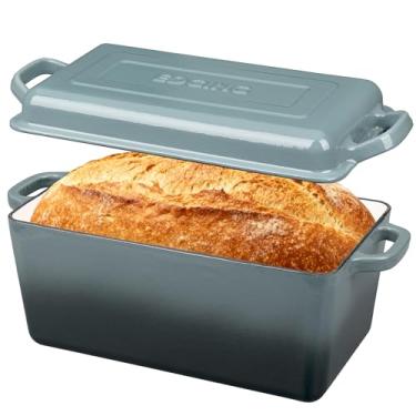 Imagem de EDGING CASTING Forno holandês de ferro fundido esmaltado, forno de pão oblongo para assar pão de fermento, assadeira, alças duplas, seguro para forno, 4 quartos, azul ardósia