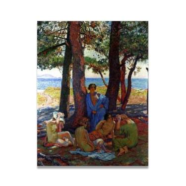 Imagem de LKXGRRSFG Banhistas sob os pinheiros pelo mar Théo van Rysselberghe: Impressão em tela neoimpressionista belga chave 81,5 x 103,9 cm sem moldura