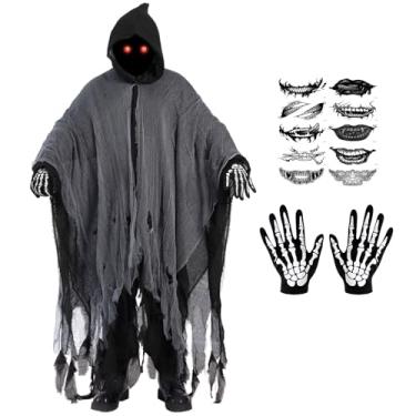 Imagem de SKEFOLI Fantasias de Halloween Grim Reaper, fantasia de dementador, decoração de fantasma, roupão, decoração de Halloween masculina assustadora (preto)