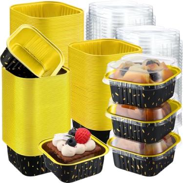 Imagem de Gandeer Pacote com 200 copos quadrados de 142 g com tampas, mini formas de bolo de folha de alumínio, latas de ramequins descartáveis, recipientes de sobremesa, formas de cupcake para piquenique de