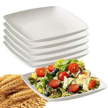 Imagem de Conjunto de 6 pratos quadrados de palha de trigo inquebrável para salada leve e reutilizável (25,4 cm, branco)