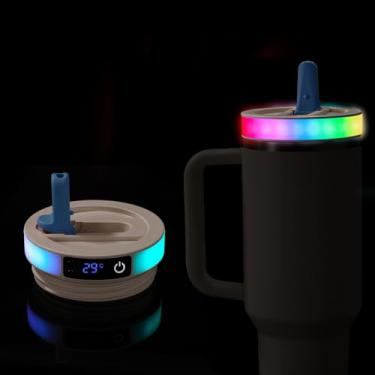Imagem de Tampa Palhinha LED Colorido para Copo Stanley Quencher H2.0/ProTour 1200ml, Tampa Copo com 12 Modos Luz Flash e Visor com Sensor Temperatura para Acessórios Stanley (Azul)