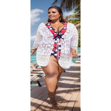 Imagem de saída de praia plus size canga toda em renda franzida midi tamanho gra