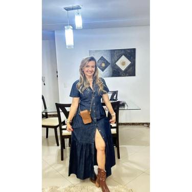 Imagem de Vestido Longo Jeans Premium Com Mangas Fechamento Botões Crisconf