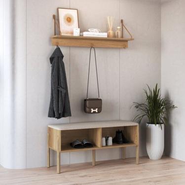 Imagem de Conjunto Sapateira Banco Estofada e Prateleira Pé Madeira Oslo Hanover