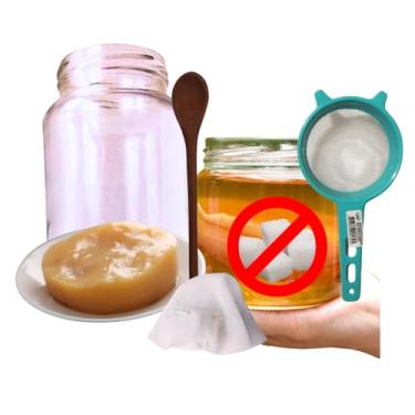 Imagem de Kombucha Zero Açúcar Jun Scoby Colônia Viva Chá + Colher de Pau + Frasco 500ml + Peneira e Voal