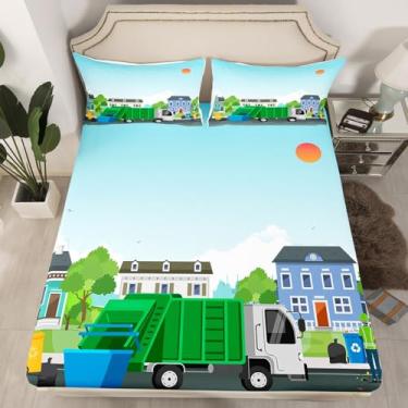 Imagem de Erosebridal Jogo de lençol solteiro com desenho animado de caminhão de lixo para crianças, meninos e meninas, adolescentes, veículo verde, carro de lixo, brinquedo de carro de lixo, lençol de cima com