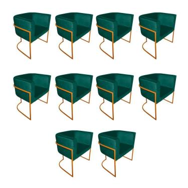 Imagem de Kit 10 Poltronas Decorativa Sala De Estar Base De Ferro Cobre Veludo Verde
