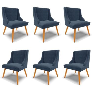 Imagem de Kit 6 Cadeiras Decorativas Sala De Jantar Pés Palito De Madeira Firenze Suede Azul Marinho/natural G19 - Gran Belo