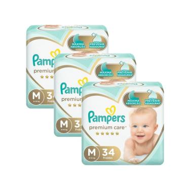 Imagem de Kit 3 Fralda Pampers Premium Care Tamanho M Pacote Mega 34 Fraldas Descartáveis