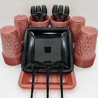 Imagem de Conjunto de luxo descartável para festas de aniversário com 260 peças Pratos quadrados de plástico colorido com efeito perolado Cores doces (Preto Rose Perolado)