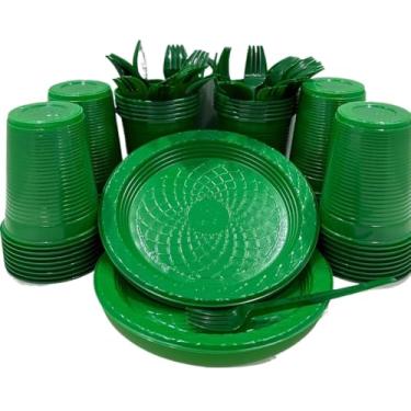 Imagem de Kit 300 Itens Festa Aniversário Descartáveis Plástico Colorido Perolado 100 Pessoas Completo Pratinho Garfinhos Copos (Verde Escuro)