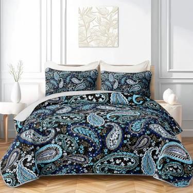 Imagem de HOSIMA Colchas em estilo boêmio azul, tamanho Queen, estampa de flores leves e acolchoadas, roupa de cama boho macia para decoração de quarto de adultos com 2 fronhas.