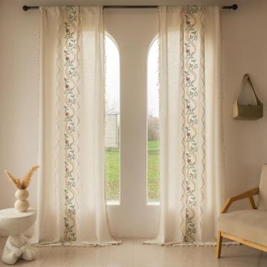 Imagem de ENJOYBRIDAL Cortinas florais rosa de 203 cm de comprimento, semitransparentes, bordadas, para sala de estar, quarto, varão, bolso até o chão, cortinas de janela, 2 painéis, quarto de meninas, casa de