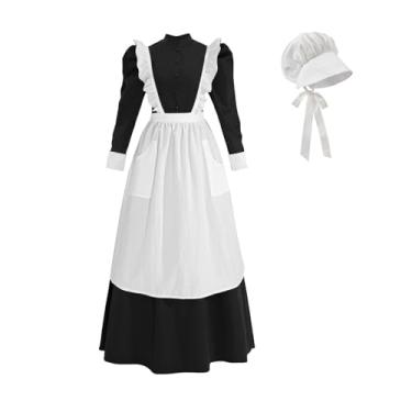 Imagem de CR ROLECOS Vestido Pioneer feminino colonial fantasia pradaria Amish vestidos de empregada com avental de gorro, Preto, G
