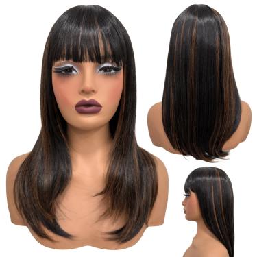 Imagem de Peruca lisa repicada com franja 45cm preto mechas HL2/30