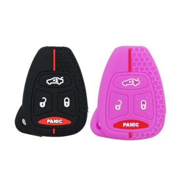 Imagem de 2 capas de borracha para controle remoto de entrada sem chave para Chrysler 300 Aspen Dodge Charger Durango Jeep Commander Cherokee 4 botões KOBDT04A, preto e roxo