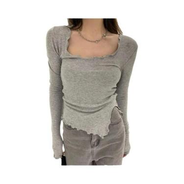 Imagem de Camiseta Feminina Manga Longa Slim Fit - Malha, Bainha Irregular, Moda