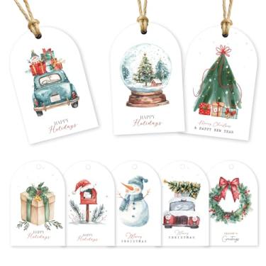 Imagem de Etiquetas de presente de Natal em forma de arco - 80 etiquetas de Natal com cordão, 8 designs de arco de aquarela - Etiquetas de nome de Natal 350 GSM para presentes