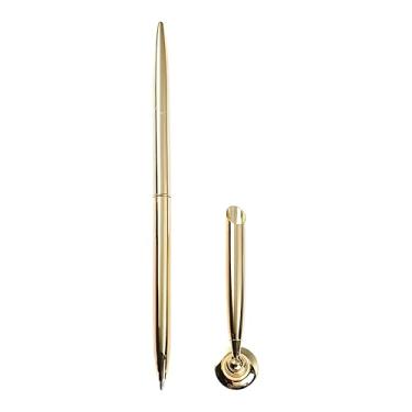 Imagem de Tiosen Caneta esferográfica de metal dourado com suporte de mesa redondo, para casamento, escritório, canetas esferográficas e conjunto de canetas de assinatura de escritório com base