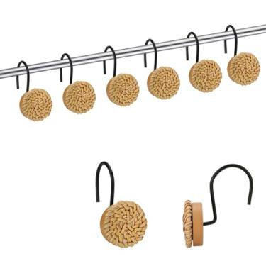 Imagem de 12 ganchos de cortina de chuveiro de vime boêmio, anéis de cortina de chuveiro de vime decorativos para casa de fazenda, ganchos decorativos vintage para varões de banheiro, ganchos pretos