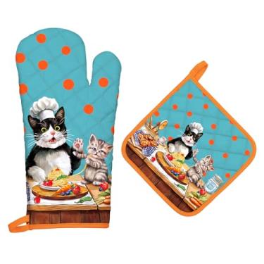 Imagem de Arquiel Conjunto de luvas de forno e suportes de panela fofos para gatos, 2 peças, 100% algodão, resistentes ao calor, luvas de forno extralongas para cozinha, cozinha, decoração de panificação