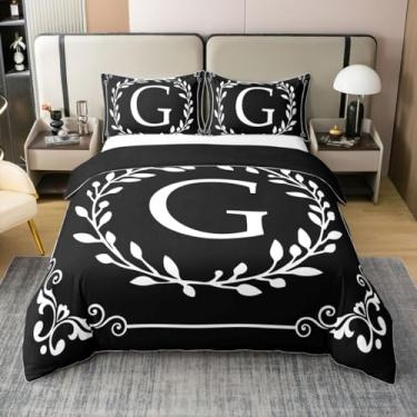 Imagem de Capa de edredom com monograma letra G, tamanho Queen, preto e branco, 100% algodão, para meninos, boêmio, damasco, floral, conjunto de cama minimalista, presentes personalizados para adultos e