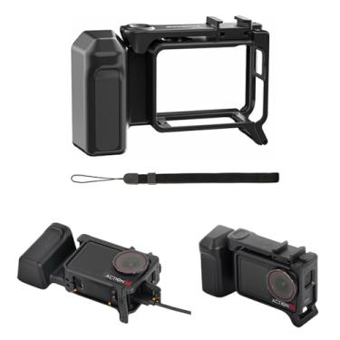 Imagem de SZZCNOX Gaiola de câmera para DJI Action 5 Pro/4/3 capa de câmera de ação, alça de fotografia de rua integrada, gaiola de moldura protetora com suporte de sapata fria para luz/microfone