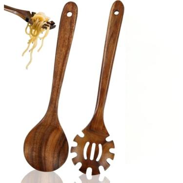 Imagem de Conjunto de utensílios de massa de madeira de 2 peças, garfo de macarrão com 3 linhas e concha de macarrão, adequado para cozinha italiana doméstica e servir macarrão