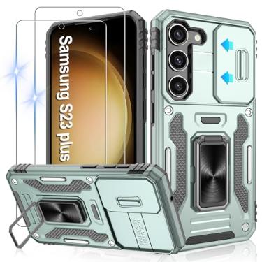 Imagem de Gritup Capa para Samsung Galaxy S23 Plus com 2 protetores de tela HD e capa de câmera deslizante, proteção contra quedas de grau militar de 3 m, capa protetora com suporte de anel magnético, verde