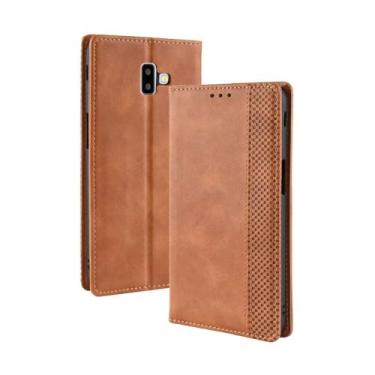 Imagem de Capa para Samsung Galaxy J6 PLUS,Retro Flip magnético,Caso de telefone de couro PU,Design de carteira com 3 slots de cartão e 1 clipe de dinheiro -Brown