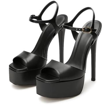 Imagem de UBWDU Sandálias femininas stiletto de salto alto com bico aberto e tira no tornozelo e salto alto, Preto fosco, 40