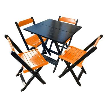 Imagem de Mesa De Madeira Dobrável Preto 70x70 Com 4 Cadeiras Dobráveis Laranja - Laranja