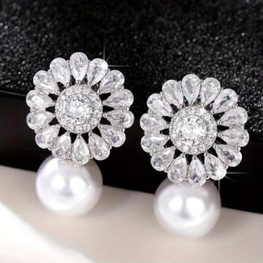 Imagem de Brincos de gota florais de zircônia sintética incrustados elegantes para mulheres, banquetes, casamentos, férias, uso diário, joias, presentes, One size, Cobre, Pérola sintética