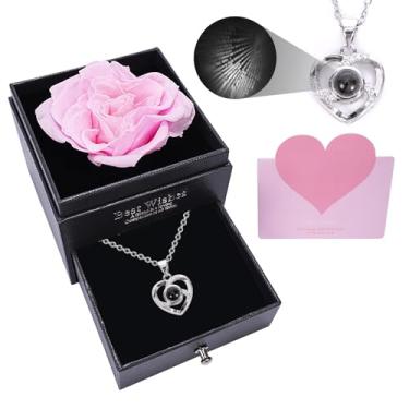 Imagem de AGQWR Colar de rosas para mulheres, presentes de aniversário para namorada, colar de coração I Love You, 100 idiomas, presente de aniversário de Natal para ela (rosa)