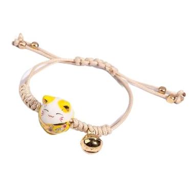 Imagem de Pulseira feminina de cerâmica feita à mão para gatos da sorte Maneki Neko Bell cordão trançado ajustável amuleto joia presente de amizade para aniversário, aniversário e feriado, One Size, Cerâmica