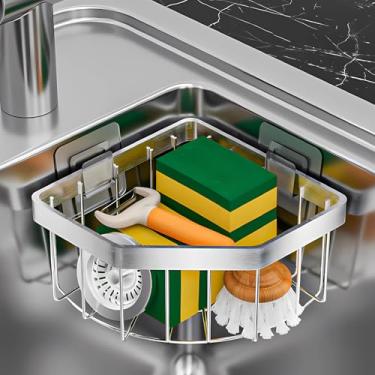 Imagem de CIT ZCFYU Suporte de esponja de canto organizador de pia de cozinha, suporte de esponja adesivo de aço inoxidável para cozinha, suporte de esponja de pano de prato suporte de esponja para