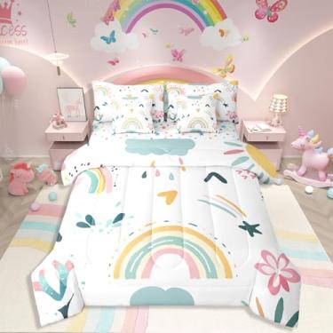 Imagem de Erosebridal Jogo de cama casal com desenho animado arco-íris, 7 peças, iridescente, para crianças, adolescentes, mulheres, conjunto de edredom com flores kawaii, coração e nuvem, colorido