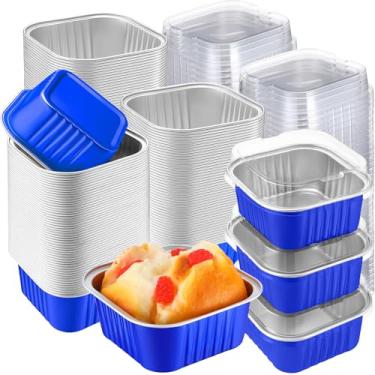 Imagem de Gandeer Pacote com 200 copos quadrados de 142 g com tampas, mini formas de bolo de folha de alumínio, latas de ramequins descartáveis, recipientes de sobremesa, formas de cupcake para suflê, casamento