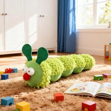 Imagem de Travesseiro de malha para gatos, design de lagarta, almofada para gatos internos, cama macia verde para conforto e brincadeiras felinas