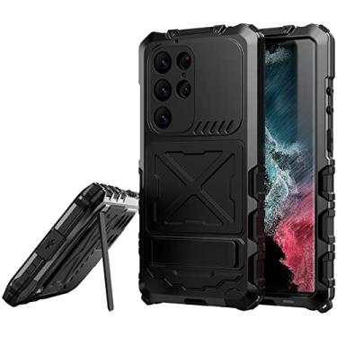 Imagem de GooodiDEAR Capa para Galaxy S23 Ultra, capa protetora de corpo inteiro com armadura resistente de 360 graus para Samsung Galaxy S23 Ultra, à prova de choque, protetor de lente com suporte, para-choque de metal militar masculino e feminino, preta