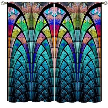 Imagem de Cortinas de vitral, design retrô, arte abstrata colorida, decoração de casa, cortinas para quarto, sala de estar, cozinha, janela, tratamento de 2 painéis, conjunto de 2 painéis, tamanho total 107 cm