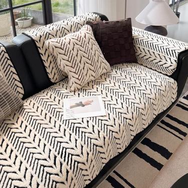 Imagem de HGTRH Capa de sofá quente de tecido felpudo jacquard geométrico, antiderrapante, macia, capa de sofá seccional, preta, 110 x 110