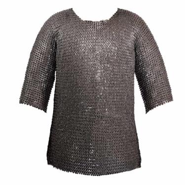 Imagem de Camisa de malha medieval meia manga Haubergeon, anéis planos rebitados, alternativa, calibre 17 de 9 mm, aço suave, natural, Medium, Aço suave