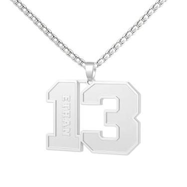 Imagem de Ldurian Colar com nome de número personalizado, pingente de corrente de número esportivo para homens, colares de nome de atletas personalizados 00-99 preto presente de aço inoxidável para homens