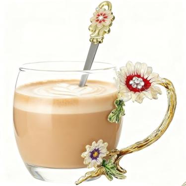 Imagem de Guon-Wuvl Caneca de chá 3D de vidro de cristal de artesanato com colher de chá feminina café, chá, suco, cerveja, leite bebidas quentes e frias, use pacote de presente. (crisântemo, 325 ml)