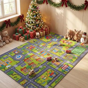 Imagem de Merelax Tapete infantil para área de carro, 17 x 25 cm, cinza e verde, para sala de estar, sala de jogos, sala de aula, tapete antiderrapante, tapete lavável, mapa educacional de trânsito da cidade