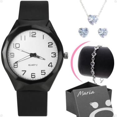 Imagem de Colar Brinco + Relogio Feminino Aço Prova Dagua Coração Moda Qualidade Preto