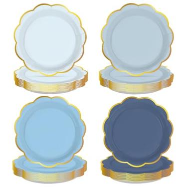 Imagem de 100 peças de pratos de festa azuis empoeirados 22 cm prato de papel azul gradiente resistente prato de sobremesa descartável folha dourada decorações de festa para chá de bebê, aniversário, noiva