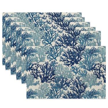 Imagem de Jogo americano de tecido coral azul, jogo americano retrô conjunto de 6 tapetes de pano, tapetes de mesa laváveis resistentes ao calor para decoração de casa, cozinha, sala de jantar, 29 x 44 cm